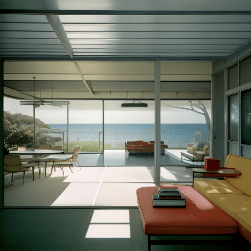 AI generated: Hyper realistic eye level exterior photo of a mid century modern style house overlooking the ocean, ...