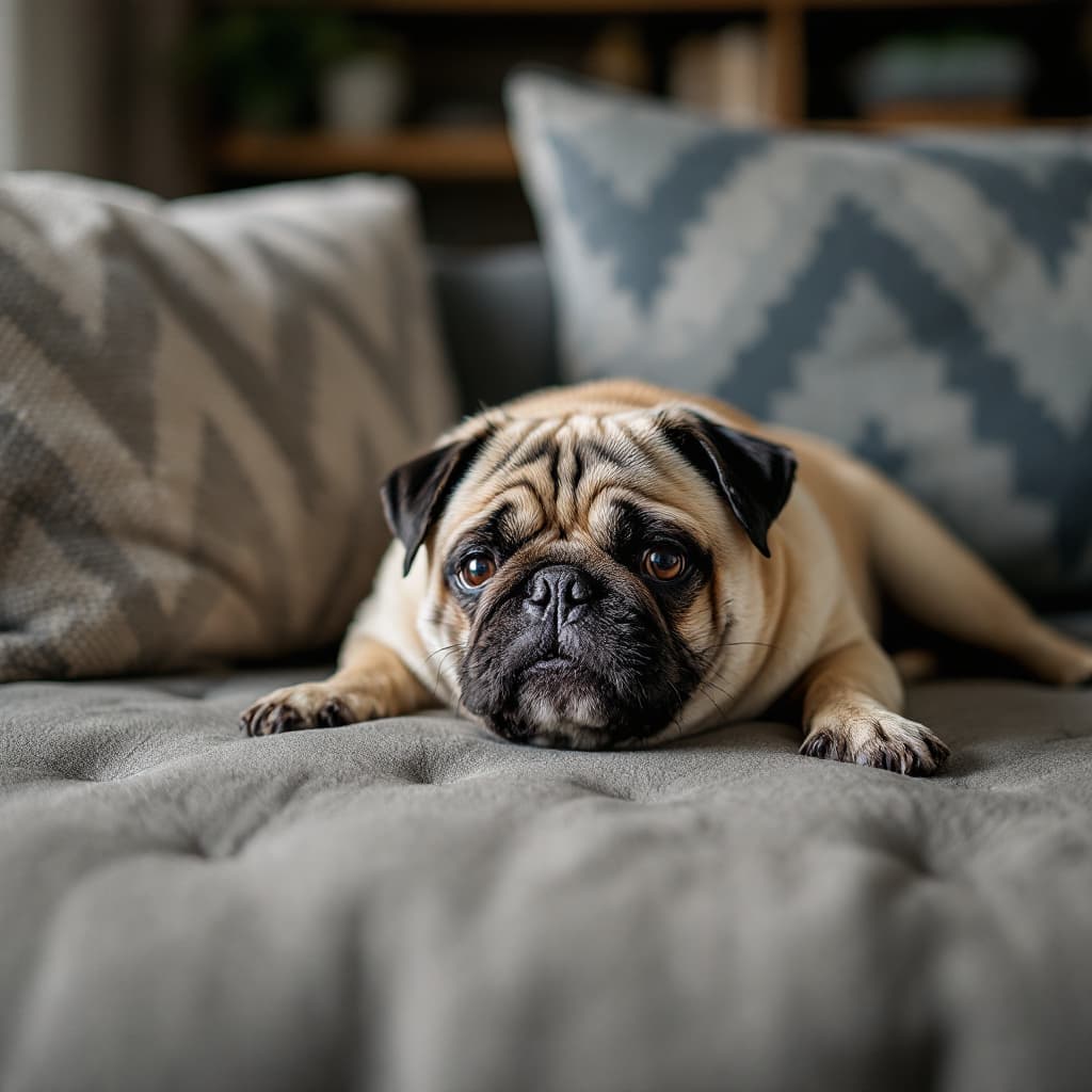 AI generated: pug lying on the living room sofa