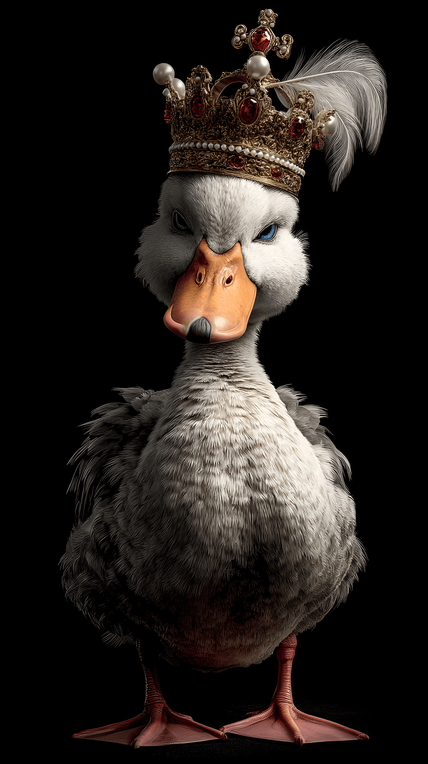 AI generated: regal cartoon duck is centered in the image, posed on a solid black background. The duck is primaril...