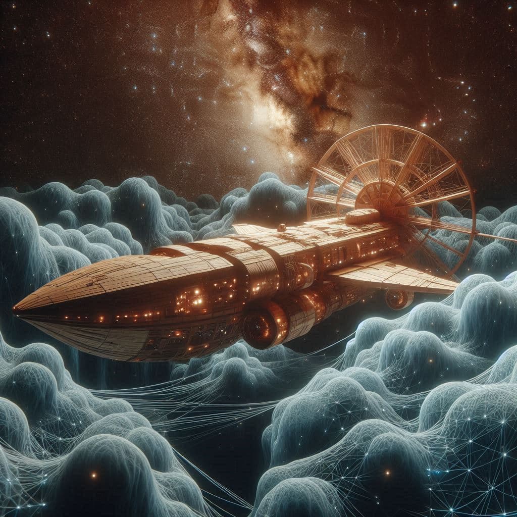 AI generated: in the foreground is a wooden bionic spaceship made of translucent organic material. The universe is...