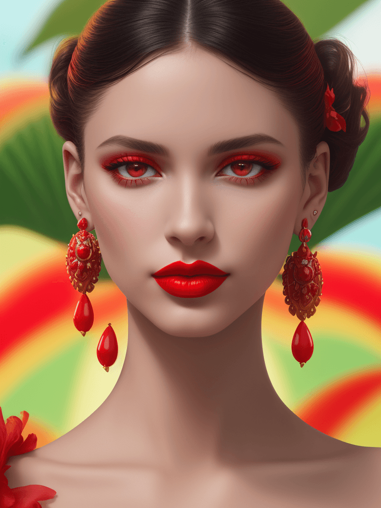 AI generated: model wearing colorful earrings and red lipstick, backlit photography, close-up shots, in the style ...