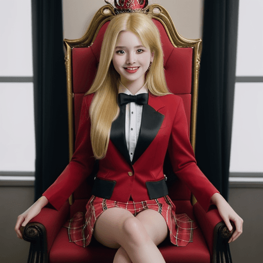 AI generated: A girl with red blazer and with shirt with black tie with blonde long hairs with short skirt sitting...