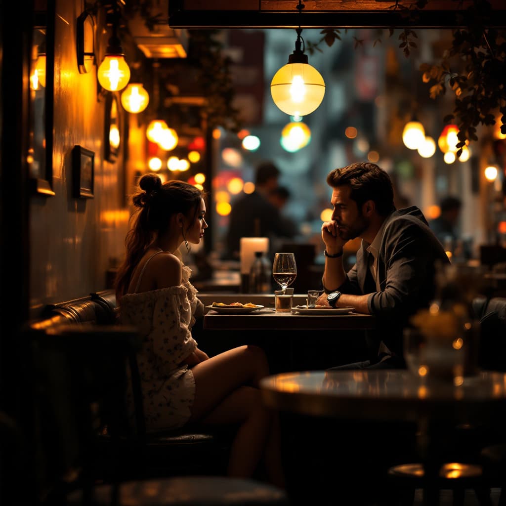 AI generated: Cozy Madrid bar with warm lighting, a middle-aged taxi driver and a young fashion-model woman sittin...