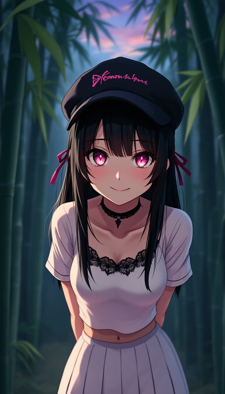 AI generated: (Anime official art:1.4), cute girl with (black hair fading to pink:1.3), (pink diamond eyes),  
wea...