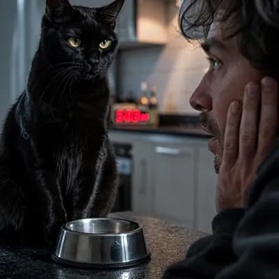 AI generated video: Clock shows 5:03 AM. Human slowly opens eyes. Cat is already in frame, staring. Has clearly been sta...