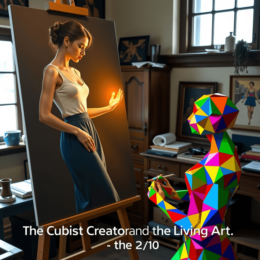 AI generated: The Cubist Creator and the Living Art - 2 of 10: Inside the cluttered atelier, the newly finished, h...