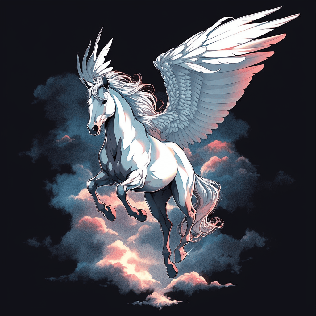 AI generated: Enchanting tshirt design, Pegasus, galloping with clouds, hd, 16lk, by Alex Ross, ethereal cloud-sha...