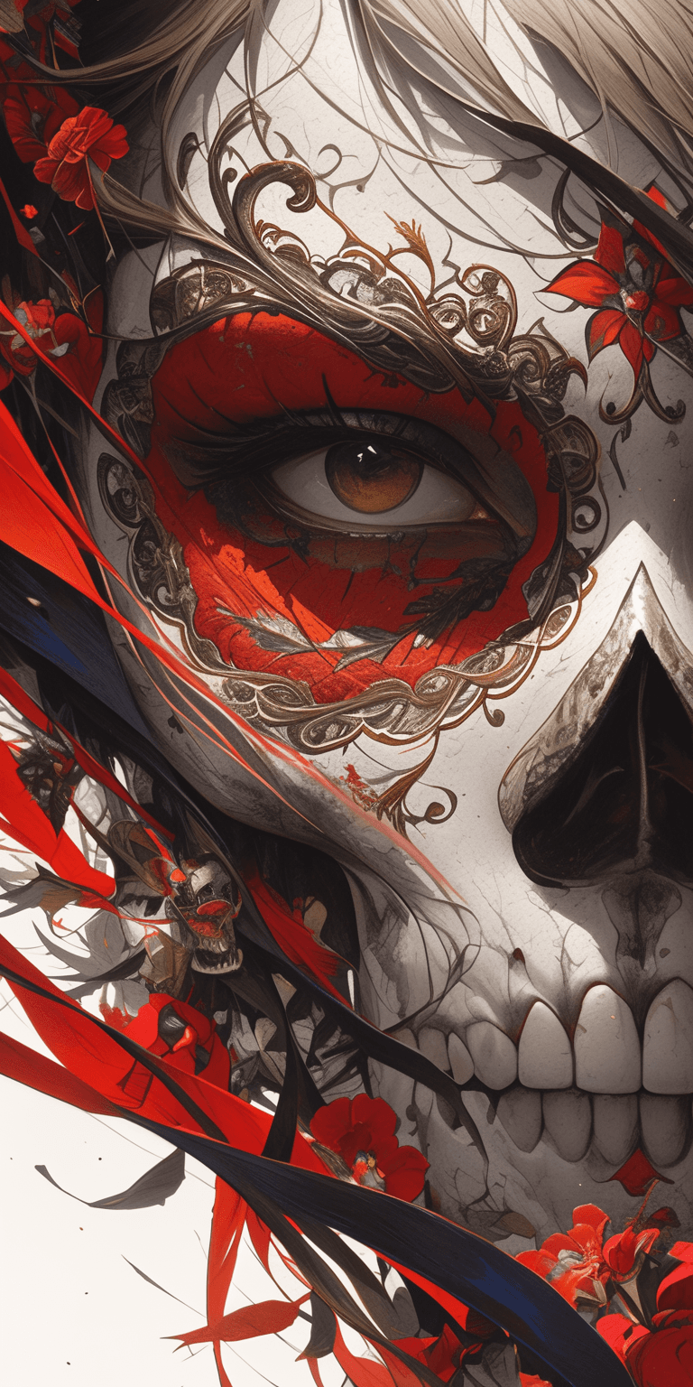 AI generated: the skull, day of the dead art by linyu hong, in the style of dark white and red, graffiti art, real...