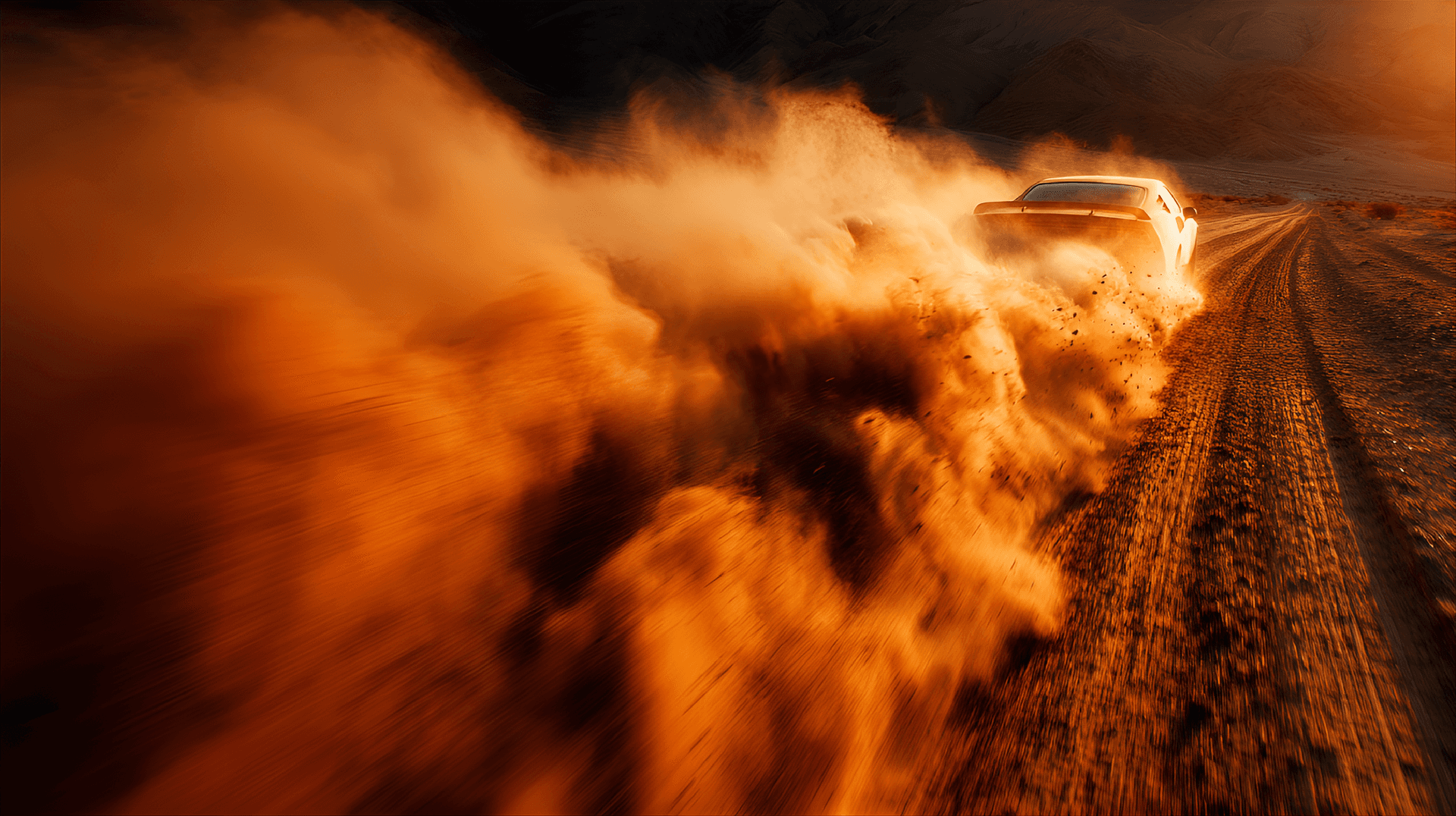 AI generated: abstract photography, muscle car roaring down a desert road, power unleashed, dust trails, sharp con...