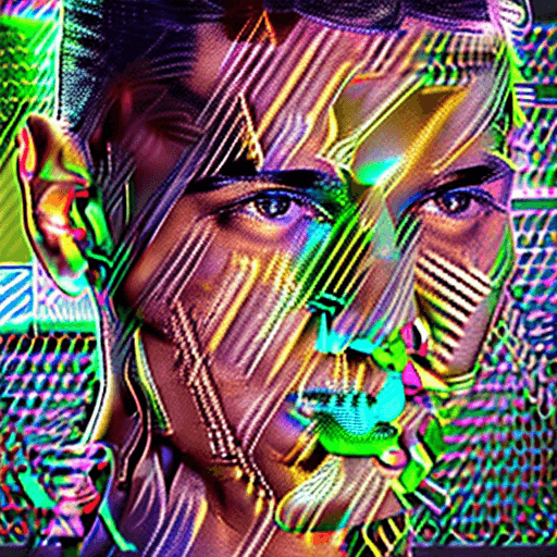 AI generated: high resolution portrait of a young man model, center front view, half upper-body covered with iride...