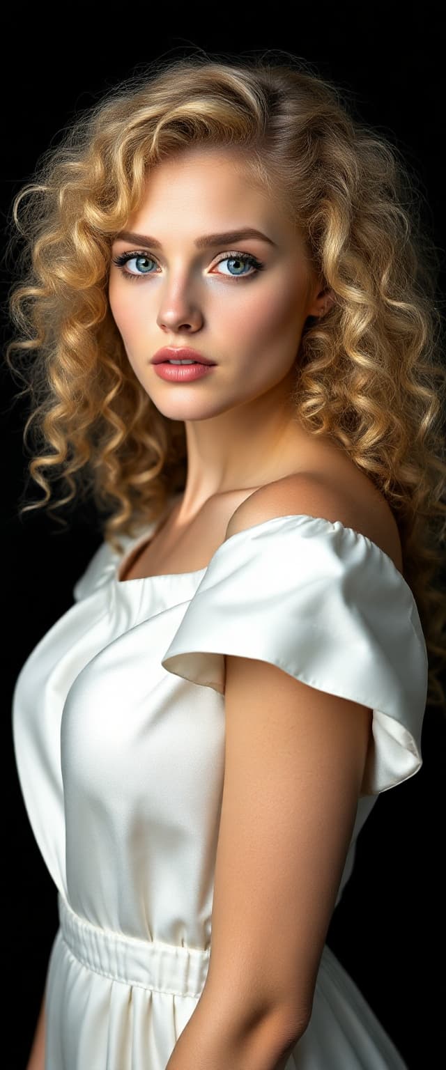 AI generated: "Fine art photography full body portrait. Supermodel, early 20s, fair skin, large blue-green-silver ...