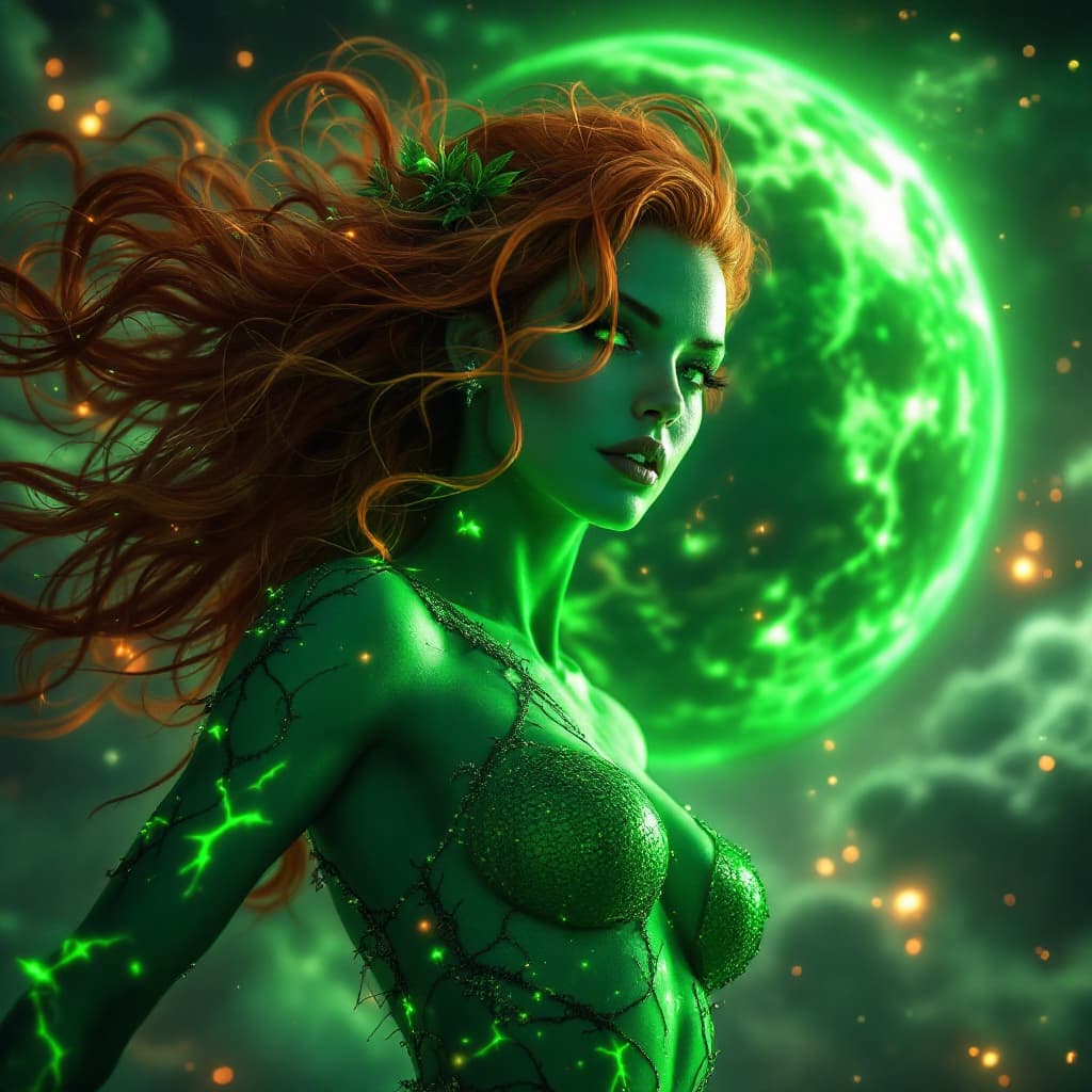 AI generated: Full body portrait of game character, Hyper realistic Poison Ivy like a God flying in space, Poison ...
