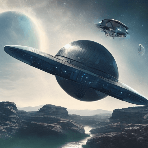 AI generated: beautiful sci-fi monolythes with alien runes in a plain near a river with a small spaceship flying a...