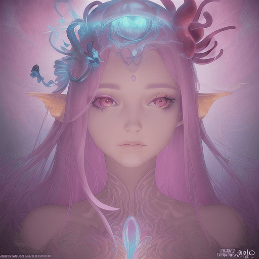 AI generated: Goddess close-up portrait ribcagel. jellyfish phoenix head, nautilus, orchid, skull, betta fish, bio...