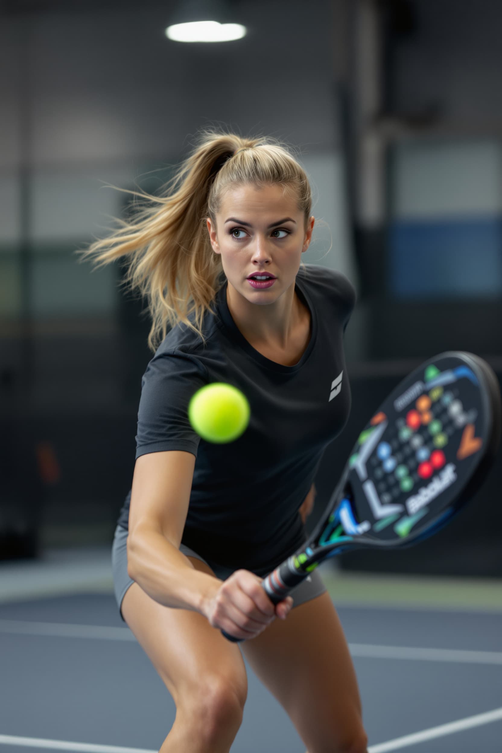 AI generated: A beautiful 30-year-old blonde woman, hair in a ponytail, playing padel ball in an indoor padel cour...