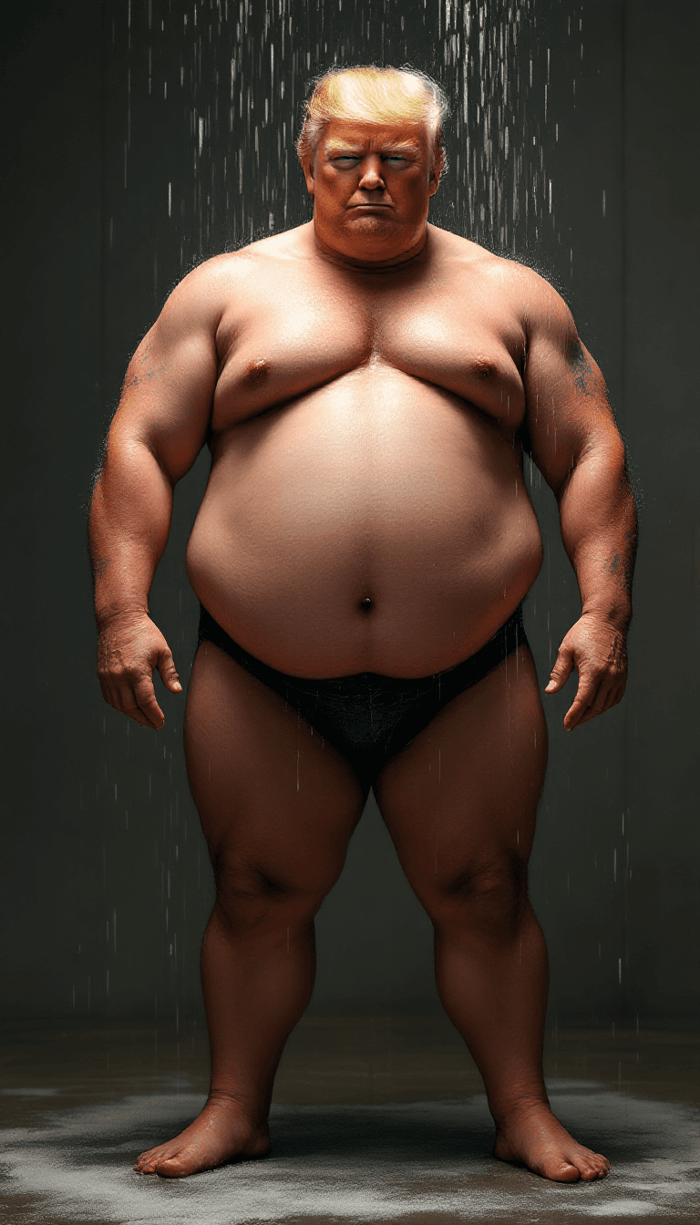 AI generated: Full body portrait of very fat donald trump showers naked. very small pipi