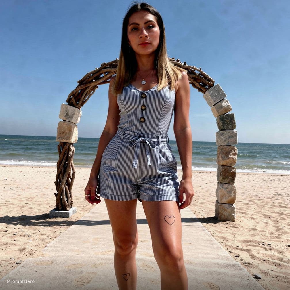 AI generated: ultra beachwear and croptop in front of a beach. Visible cheeks. heart Tattoo on leg,,very curvy, sl...