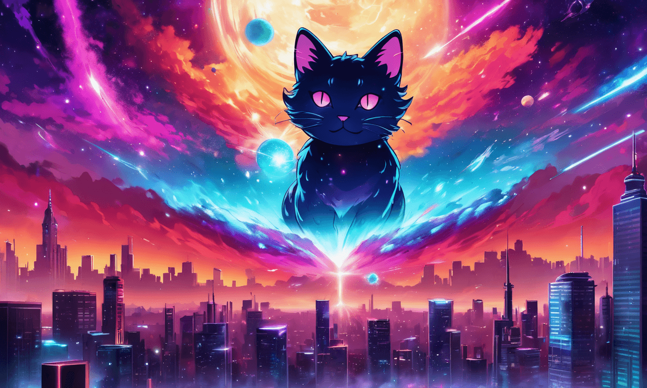 AI generated:  spray painted space cat made of a nebula over a city on a metal surface, style of dan mumford
