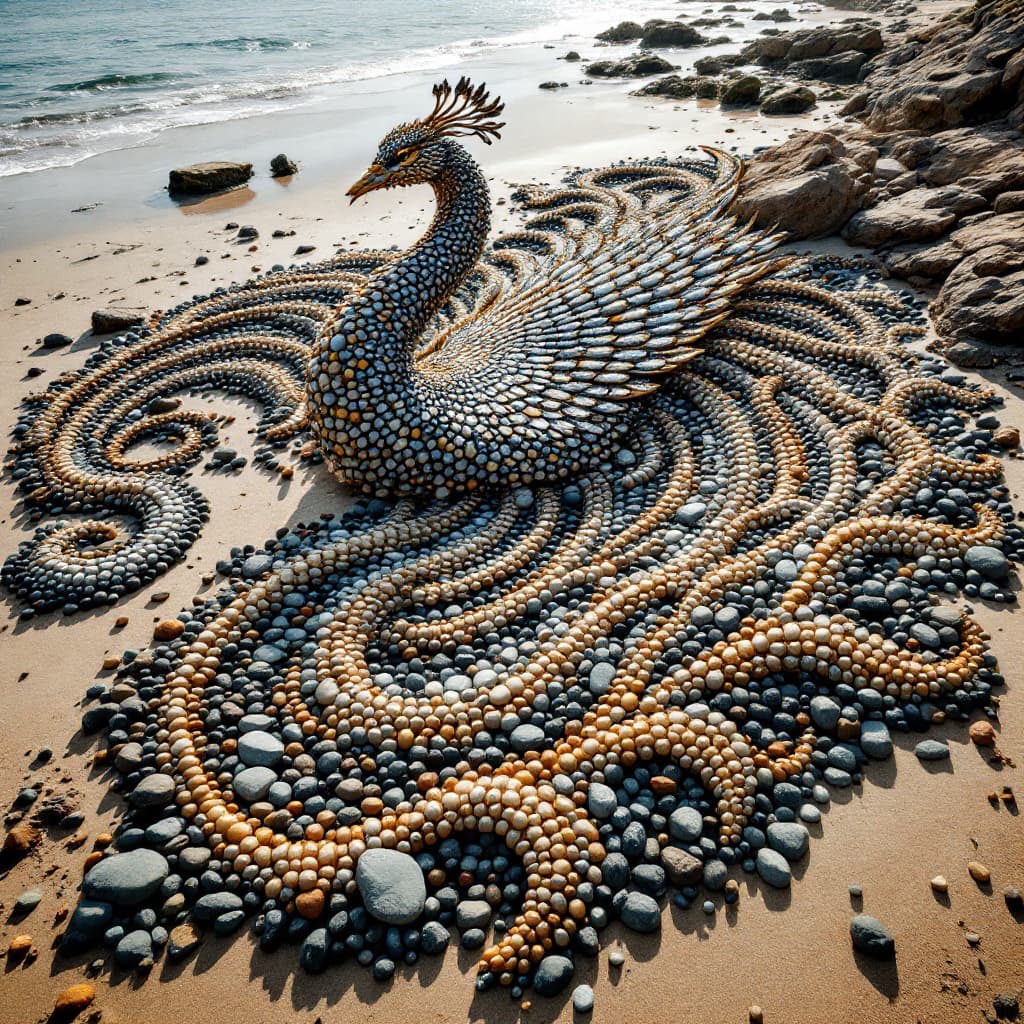 AI generated: A mesmerizing land art masterpiece, featuring an enormous, intricate design of a mythical peacock cr...