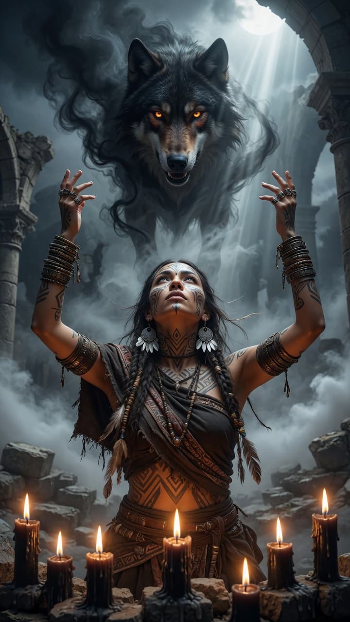 AI generated: The central figure is a female shaman or priestess, depicted from the waist up; her arms are raised ...