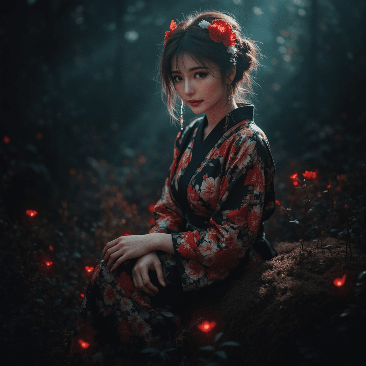 AI generated: A stunning, elegant woman in a dark, enchanted forest, sitting gracefully on a moss-covered rock. Sh...