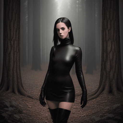 AI generated: a girl wearing a black turtleneck and knee high boots, in the style of film/video, amber, album cove...