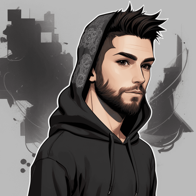 AI generated: Create intricate nvinkpunk style, sketch, of a male character wearing Hoodie, small short beard, vec...
