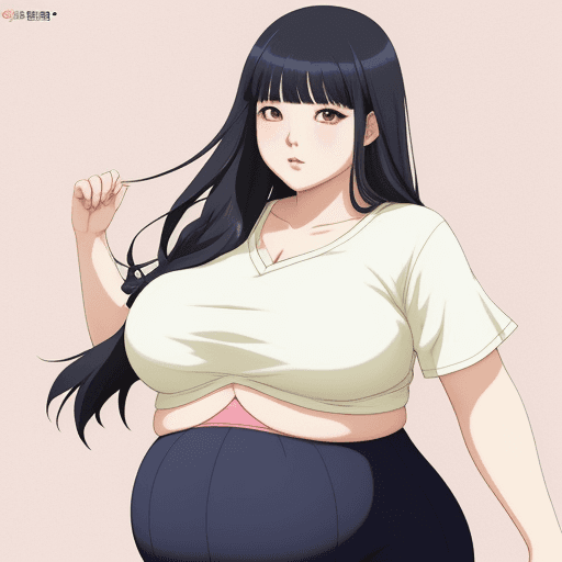 AI generated: Korean Anime-like girl with fat body, huge belly hanging out, triple chin face