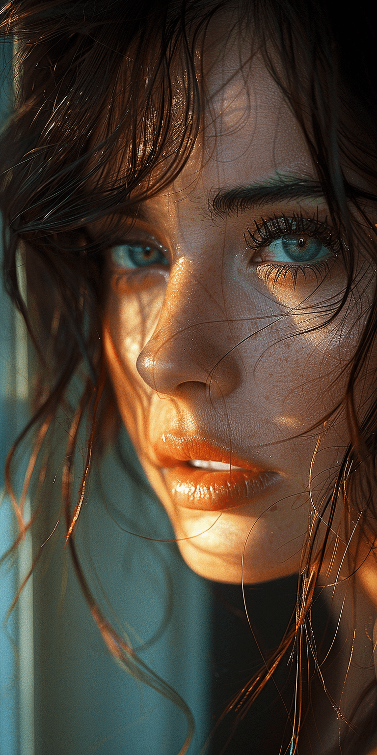 AI generated: Close-up portrait of a woman, her face lit by the soft glow from outside the window, her eyes reflec...