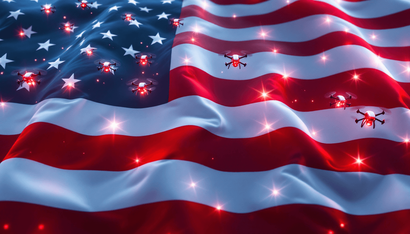 AI generated: 4K, photorealistic image of a 4th of July drone show with the drones in the formation of a huge wait...