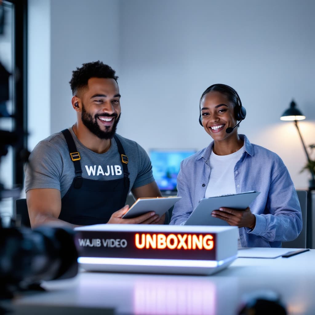AI generated: "A modern product packaging with a bold label that says 'WAJIB VIDEO UNBOXING' in large, eye-catchin...
