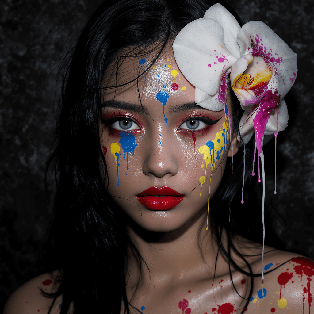 AI generated: Extreme macro close-up, high contrast, low-key lighting portrait of a young asiatic woman with dark,...