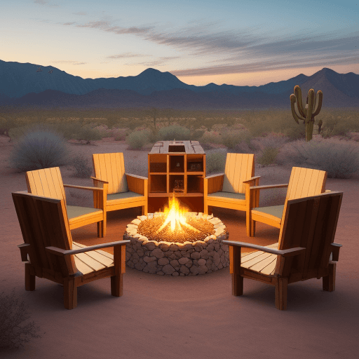 AI generated: High resolution photography landscaping, tiny home, desert, mountains, fire pit, wood deck
