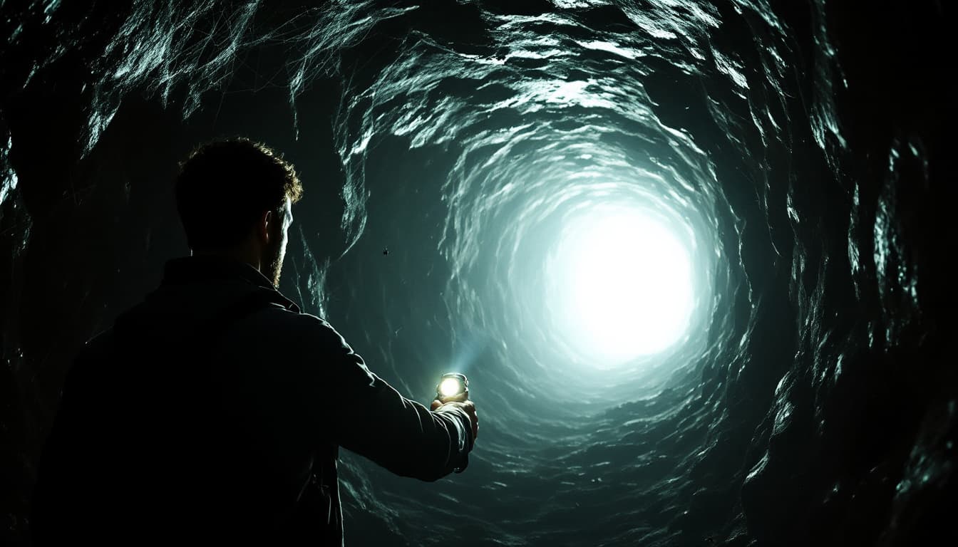 AI generated: A man with a flashlight in his hand enters a long cave, at the end of which a bright light shines. C...