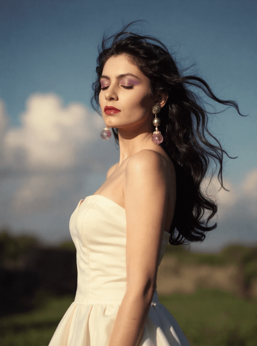 AI generated: A half Body Photo of a beautiful dark haired girl, feeling the wind and sun on her face, her eyes ar...