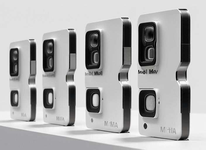 AI generated: Four different slim cameras, arranged in a line on a white surface, front view, photo realistic, hig...