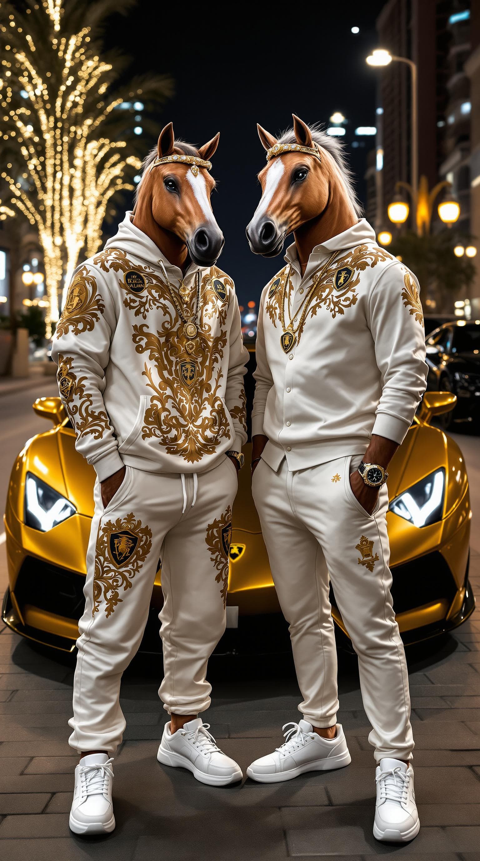 AI generated: Two men radiating wealth and luxury in the high-end Dubai streets. The arabic horse-headed man wears...