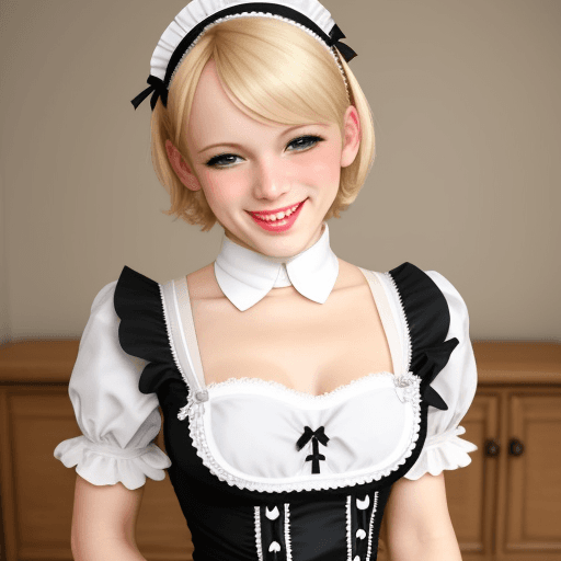 AI generated: sissy boy blond French maid in very short maid dress smiling shyly