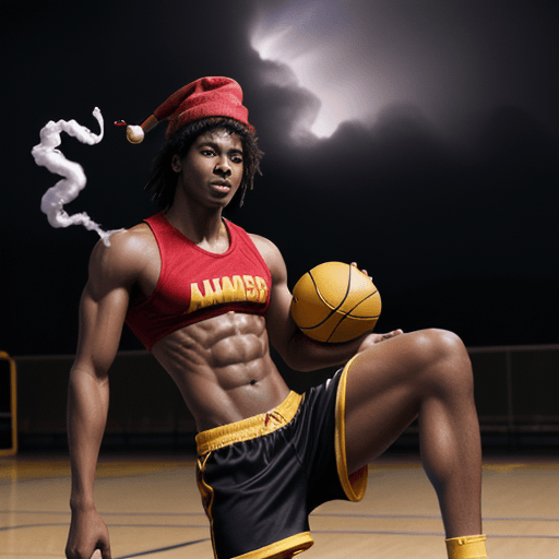 AI generated: A Black muscular saci with red hat and yellow smoking pipe playing basketball with a tornado around ...