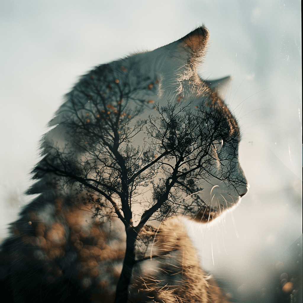 AI generated: [cat], [tree], double exposure --stylize 250