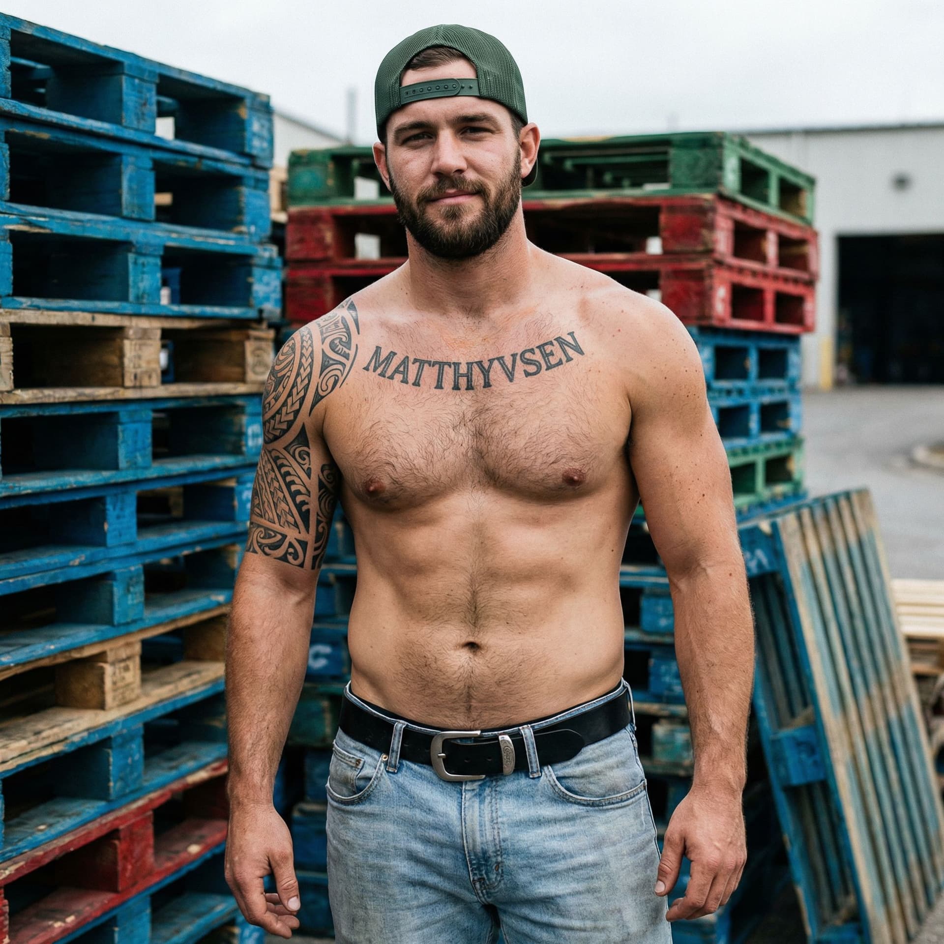 AI generated: Raw candid photograph, unposed natural shot of a rugged 28-year-old white man, very muscular but rea...