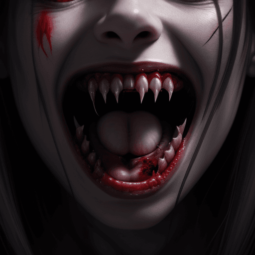 AI generated: realistic creepy vampire woman, natural light, high detail skin, creepy setting, horror, open mouth ...