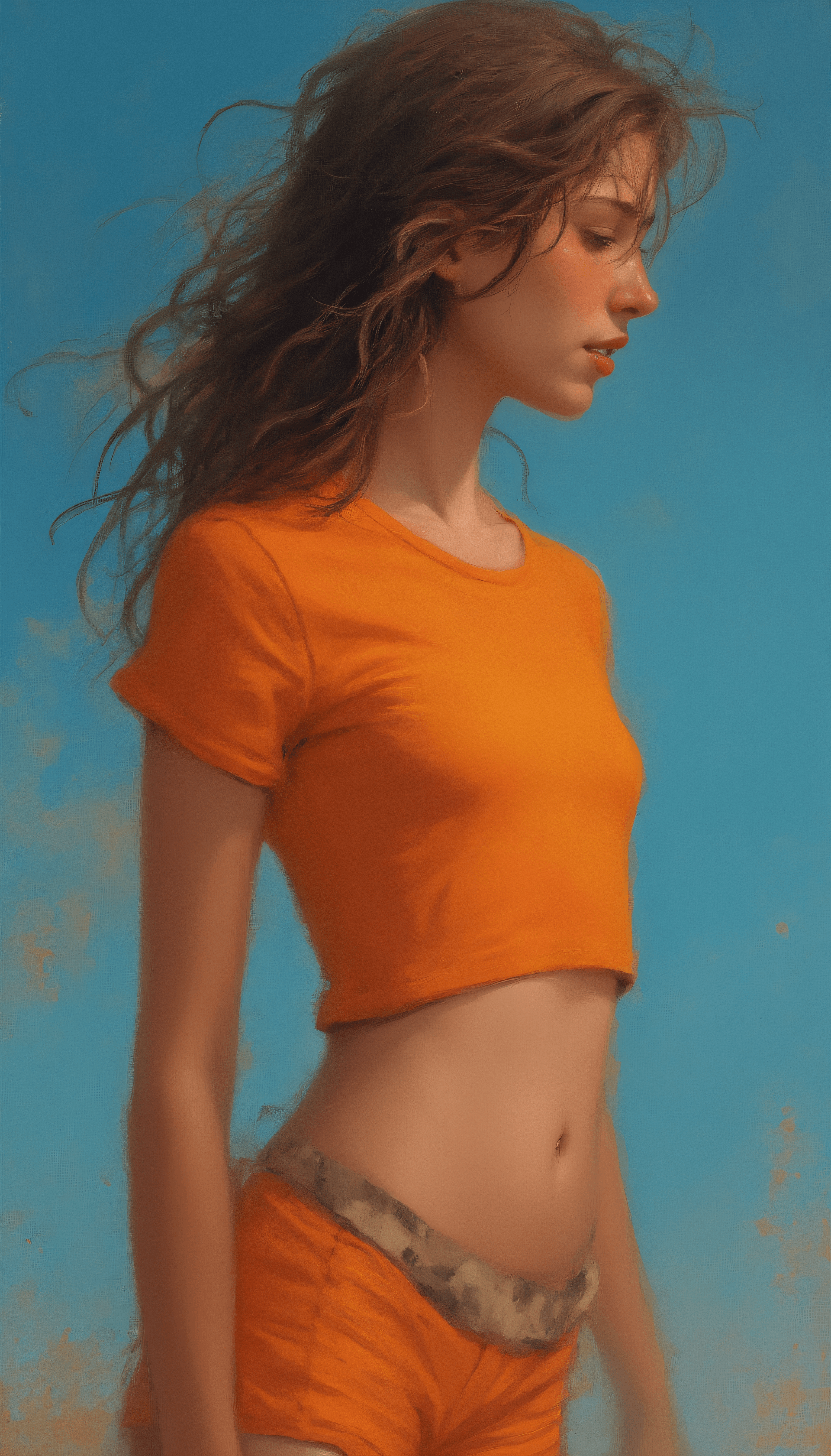 AI generated: vibrant painting in a neo-pop art style, half body picture, Young athletic woman with visible six-pa...