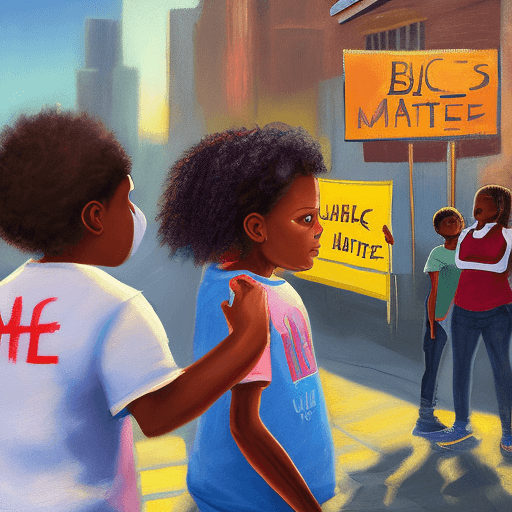 AI generated: Create an oil painting of an urban scene focusing on a child with hopeful eyes gazing at a “Black Li...