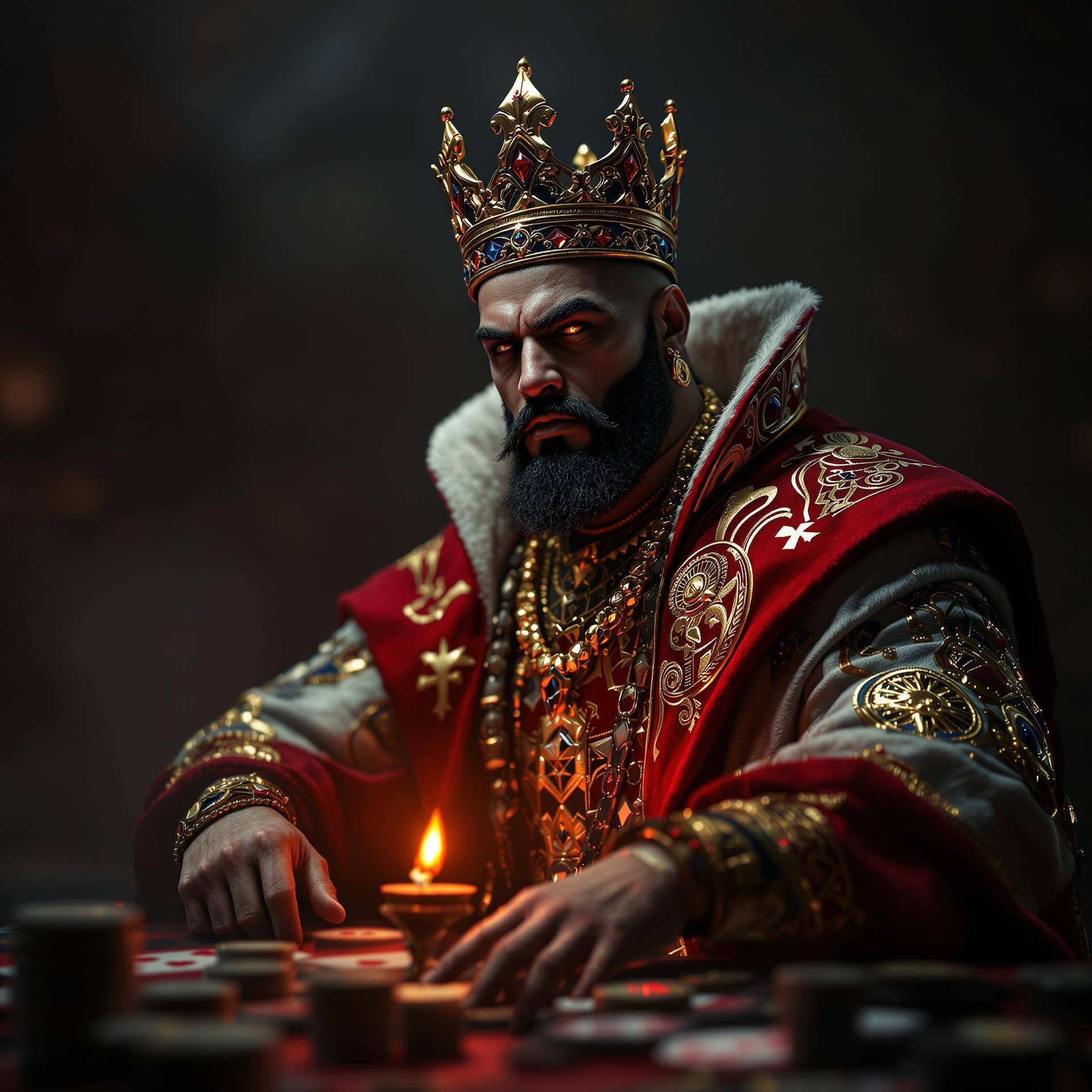 AI generated: a king playing card with a hip hop character as the king, dramatic light, cinematic lighting, extrem...