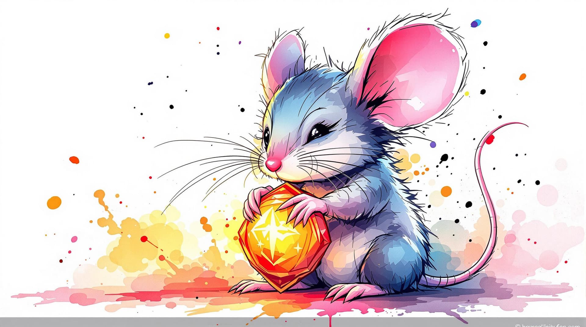 AI generated: cute Mouse with straight face grabing a protective talisman, detailed, ink style, Ink splash art on ...
