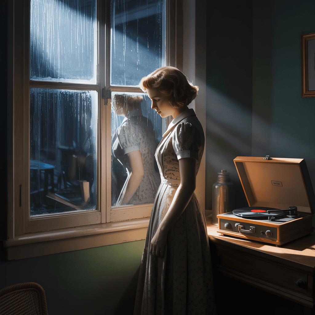 AI generated: A solitary woman in a 1940s dress stands by a rain-streaked window, a vintage record player softly p...