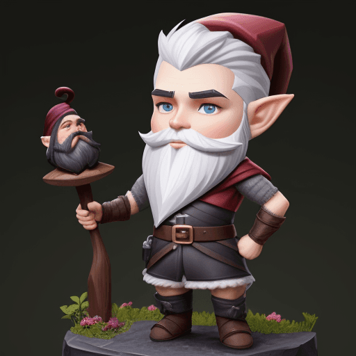 AI generated: Short thin dark gnome ranger with short beard, white hair, real