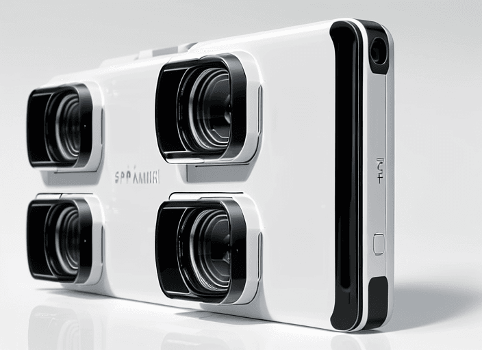 AI generated: Four different slim cameras, spaced out on a glossy white surface, front view, photo realistic, high...