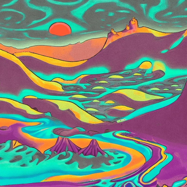 AI generated: illustration of a strange mysterious desolate desert with purple sand , painting like ,purpleish col...